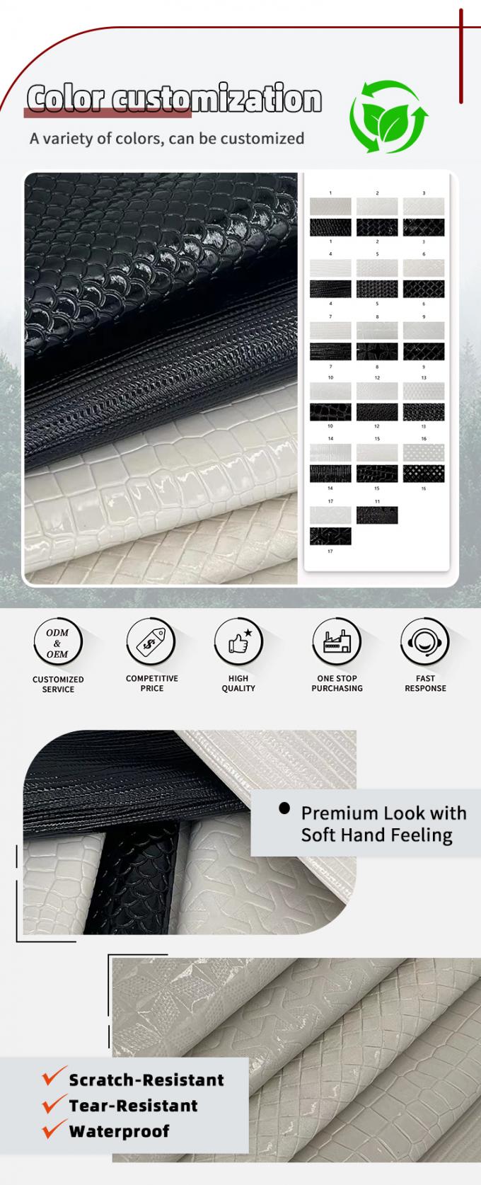 PVC پوست مصنوعی کیف تلفن مبلمان صنایع دستی سبک برجسته درخشان درخشان با ویژگی کشش پوشش ضد آب برای مبل 4
